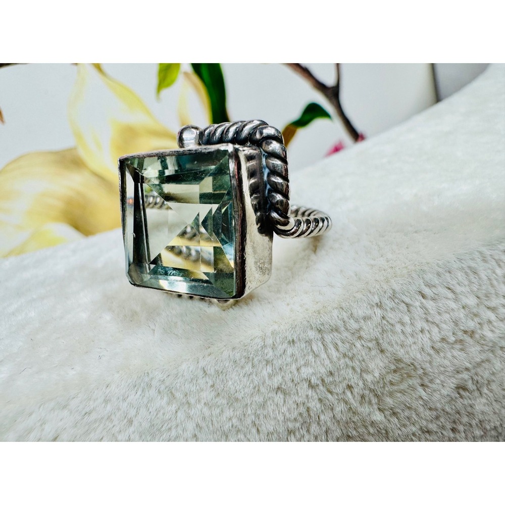 Sterling Silver 925 Square Green Faceted Stone Twisted Rope Statement Ring 8.75